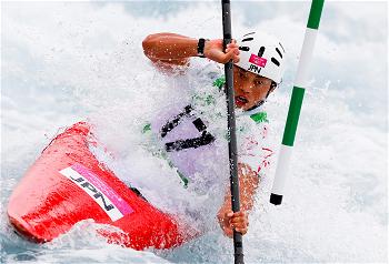 Kazuki Yazawa of Japan competes during the Kayak Single (K1) Men final in the London 2012 Olympic Games.