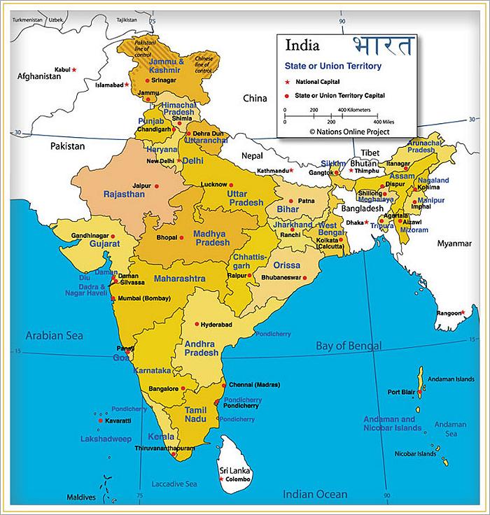 Hình 01 Bản đồ địa lí các bang của Ấn Độ hiện nay