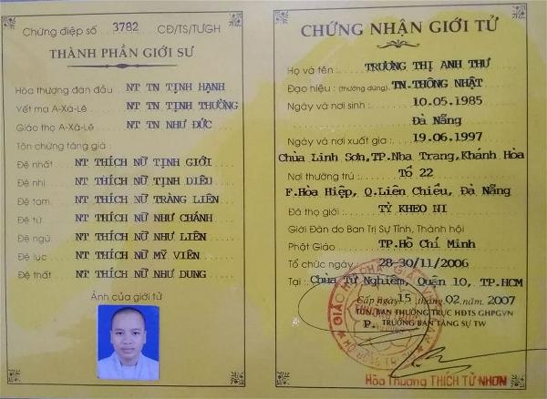 Chứng điệp thọ giới Tỳ-kheo-ni của SC.Thích nữ Thông Nhật - Ảnh NVCC